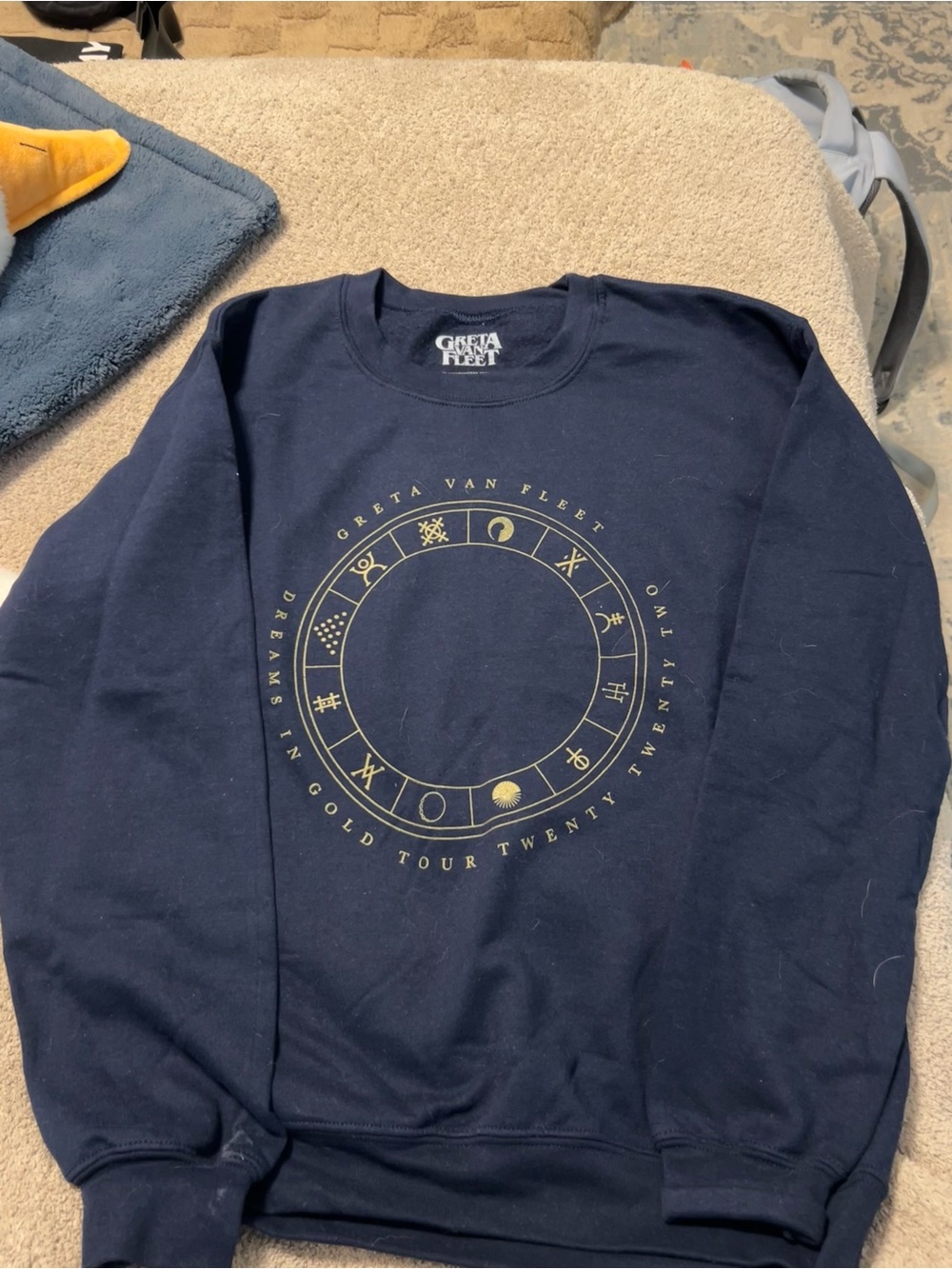 Navy Crewneck Sweatshirt with Gold Tour Graphic